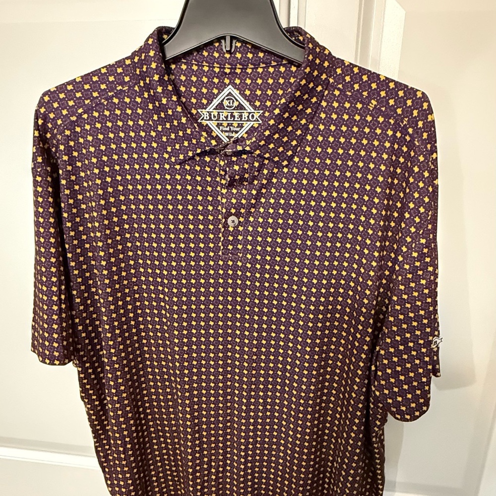 BURLEBO Men's Polo Shirt in Purple and Gold Pattern